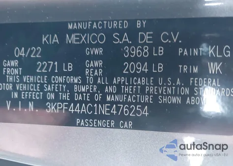 2022 Kia Forte Gt z USA, uszkodzony, nr VIN 3KPF44AC1NE476254